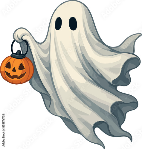 A ghostly figure draped in a flowing white sheet, holding a small pumpkin lantern. The ghost floats mid-air, with the sheet billowing as if caught in