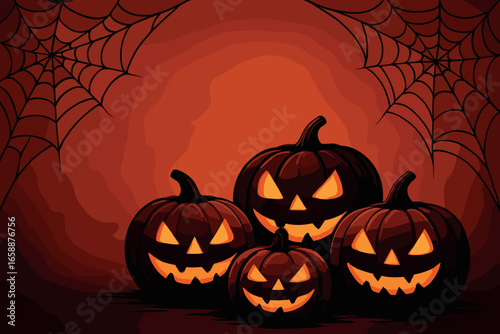 A group of carved pumpkins with eerie grins is positioned at the bottom center, surrounded by intricate spider webs extending from the corners. The
