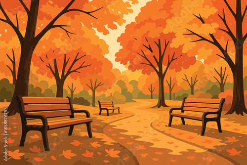 An idyllic autumnal park scene with benches nestled among trees displaying a riot of fall colors. The benches are strategically placed to offer views