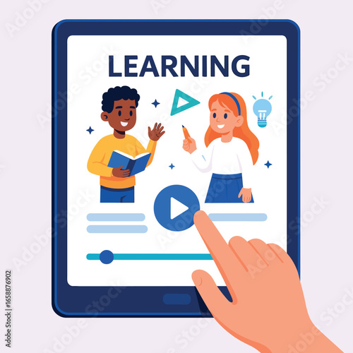 A digital tablet displays an interactive educational app, with animated characters and engaging content. The focus is on the screen, with a hand
