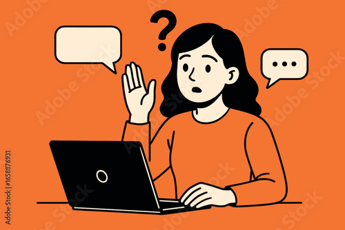 A young woman sits at a laptop, raising a hand with a questioning expression, symbolizing curiosity in online learning. The composition centers around