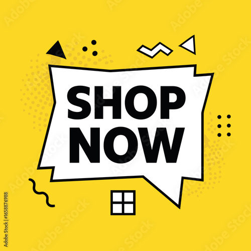 A vibrant 'Shop Now' call-to-action in bold typography, set against a dynamic yellow background. Surrounded by geometric patterns and shapes, the