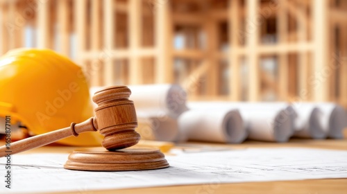 Judge gavel and construction helmet on blueprint