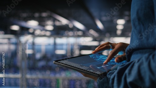 Bilde på lerret Close up of data center engineer using tablet, doing maintenance on rigs handling AI processing tasks