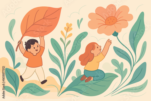A whimsical scene featuring two small characters interacting with oversized leaves and blooms. Their playful engagement with the natural elements