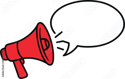 A bold red megaphone emits a speech bubble, symbolizing loud announcements. Positioned on the left, the megaphone directs sound towards the elongated