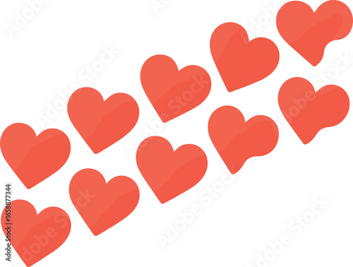 An array of heart-shaped stickers with a minor curl at one tip, producing a charming shadow effect. These stickers are lined up diagonally, adding a