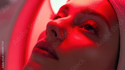 Patient undergoing medical scan with red light illumination, indicative of modern, non-invasive healthcare diagnostics.