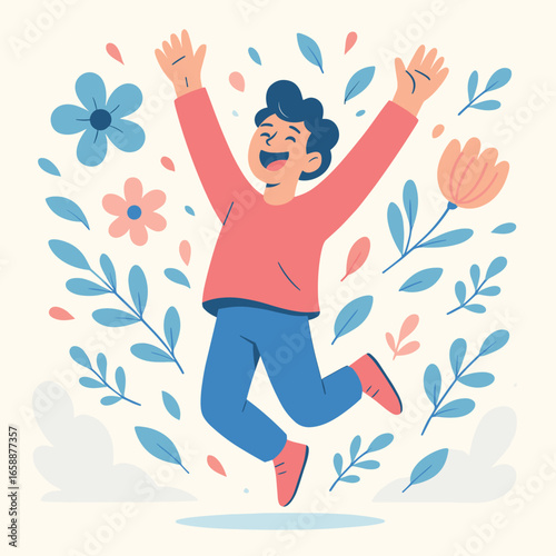 A person joyfully jumps with arms raised, surrounded by floating flowers and leaves. The scene captures an exuberant celebration of creativity. The