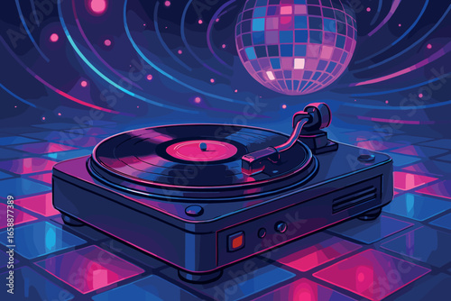 Retro vinyl record player spinning on a vibrant dance floor. The setting is alive with neon pink and blue lights casting colorful reflections. The