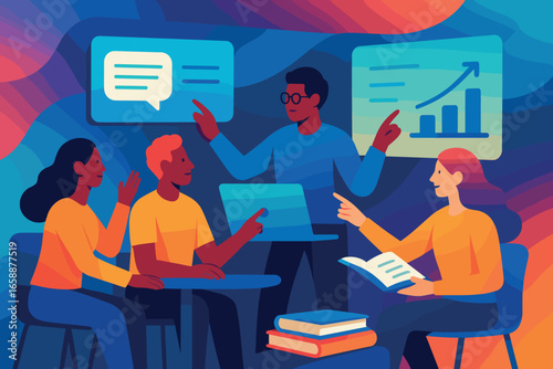 A collaborative workspace where diverse figures interact with digital screens and books, sharing information and ideas. The setting is energetic and