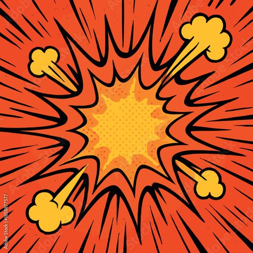 A colorful, comic book-inspired explosion with vivid orange and yellow bursts radiating from a central point. The energetic lines and dots convey a