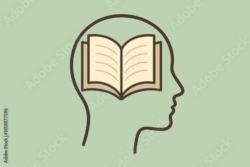 An open book within a head outline, symbolizing knowledge and learning. The pages are slightly curved, suggesting motion and fluidity. Set against a