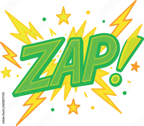 'Zap!' in neon green, crackles with energy as lightning bolts in yellow and orange shoot outwards. Small stars and dots hover around, amplifying the
