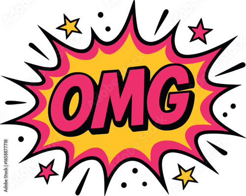 A bold, comic-style explosion with vibrant yellow and pink hues, centered around the large, impactful letters 'OMG'. Surrounding stars and dots add
