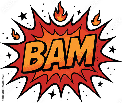 The word 'BAM' erupts from a fiery red burst, highlighted by orange and yellow gradients. Sharp black lines and white dots add depth, with small
