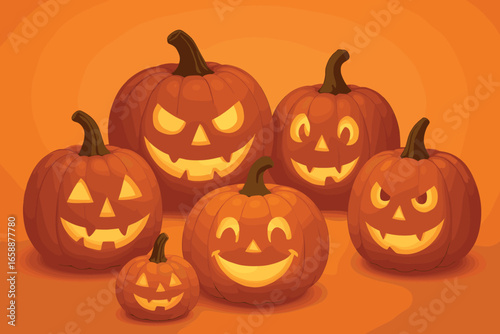 A collection of carved pumpkins with glowing expressions, set against an orange background. Each pumpkin displays unique facial features, from spooky