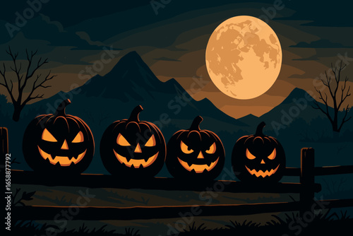 A rustic wooden fence runs along the foreground, partially hidden by the carved pumpkins that glow ominously. The fence leads the eye toward the