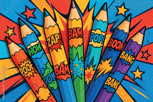A collection of colorful pencils arranged in a fan shape, each pencil featuring a different comic-style design. The pencils are set against a vivid