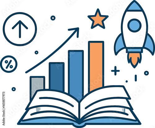 An array of bar graphs and statistical elements express growth and achievement. These are interspersed with an open book and a rocket, highlighting