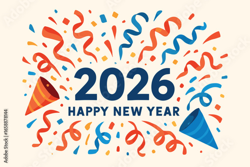 A dynamic arrangement of confetti cones and streamers in warm reds and cool blues surrounds the text '2026.' The elements appear to burst from the