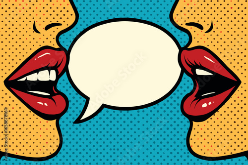 Close-up of two expressive mouths, one on each side, with striking red lipstick. They frame a central speech bubble, adding a sense of conversation