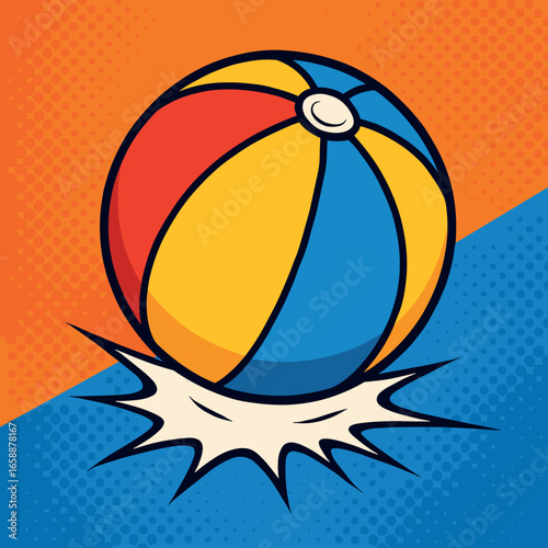 A playful depiction of a beach ball bouncing against a vivid, graphic background. The ball features classic red, yellow, and blue stripes, adding a