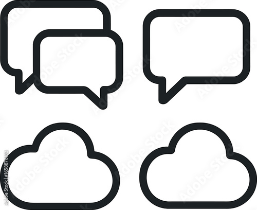 A minimalist set of messaging icons, including overlapping speech bubbles and standalone clouds. Thick, uniform outlines form the structure, arranged