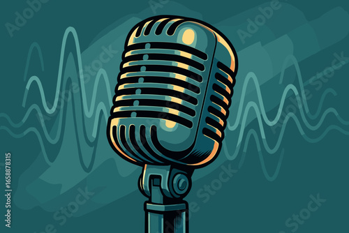 A retro-style microphone with a sleek, rounded design, capturing the essence of live music performances. It takes center stage, set against a backdrop