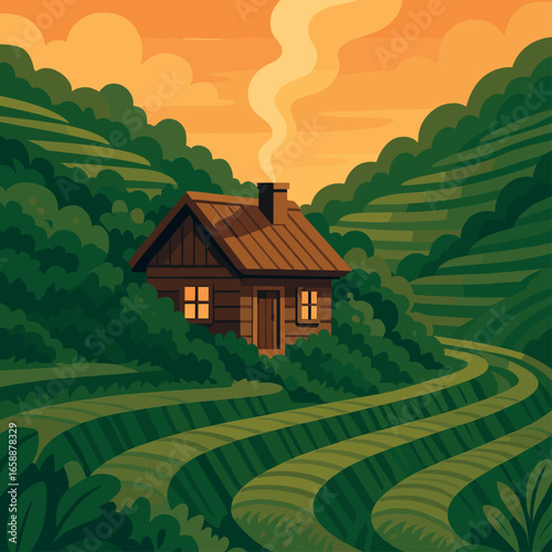 A small wooden cottage sits nestled among the terraces, partially hidden by the lush greenery. Smoke gently wafts from the chimney, blending into the