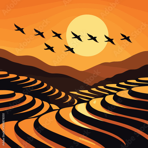 A flock of birds gracefully soars above the terraced hills, their silhouettes stark against the setting sun. The birds are evenly spaced, gliding