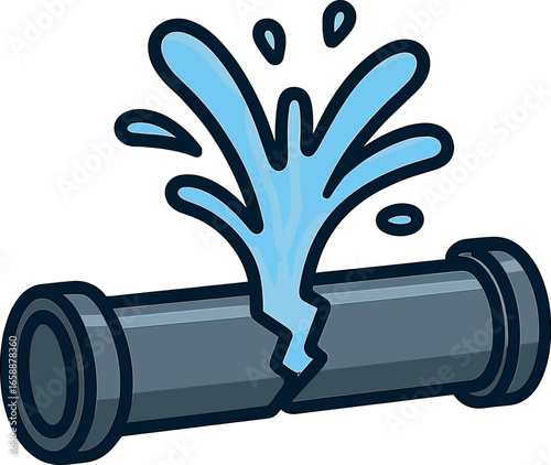A broken pipe icon with water gushing out, symbolizing leakage or repair needs. Positioned slightly right, the pipe is drawn with bold lines and soft