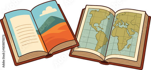 Two open books spread out side by side, showcasing their pages. The left book displays a vibrant cover while the right one reveals a detailed map. The