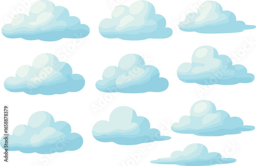 A series of fluffy clouds float across the composition, each one uniquely shaped yet cohesive in style. The clouds are rendered in soft blues and