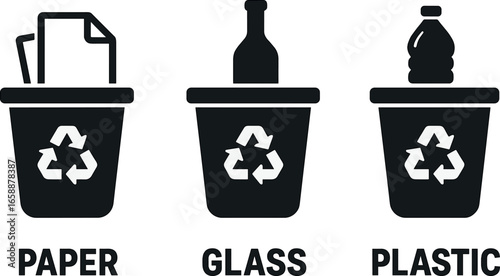 Set of waste segregation icons, each representing a different type of recyclable material such as paper, glass, and plastic. The icons use distinct