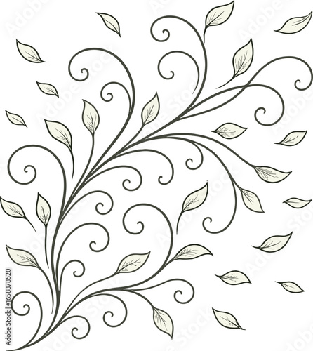 An arrangement of curling vines and tendrils, artistically rendered with flowing lines that weave through scattered leaves. The design suggests a