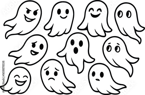 A series of cute ghostly figures with varying expressions, from mischievous grins to curious eyes, arranged in a balanced composition. The playful