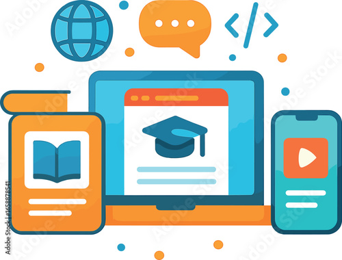 A collection of flat icons representing online education tools, including a laptop, tablet, and smartphone, each displaying educational content. The