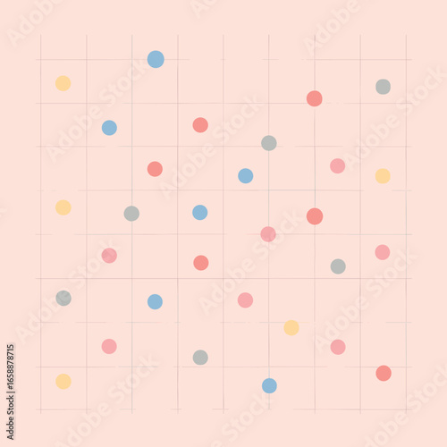 A scatter plot featuring dots in pastel hues of yellow, blue, red, gray, and pink on a soft pink background. The dots are dispersed across the grid,