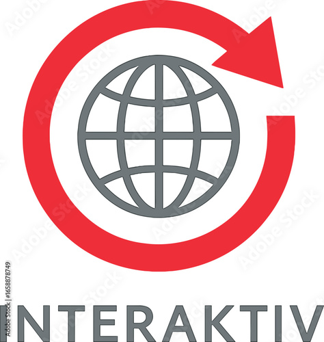 A red circular arrow around a globe icon, symbolizing interactivity and global communication. The arrow suggests movement and engagement, with