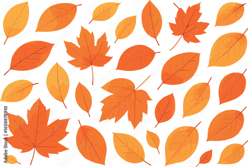 Fototapeta premium A collection of various autumn leaves in warm hues of orange, red, and yellow, scattered randomly. Each leaf displays intricate vein patterns,