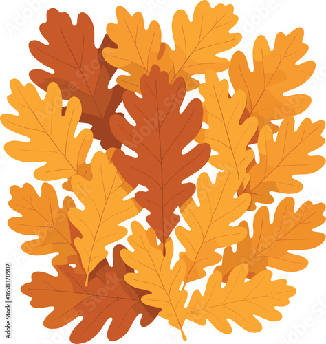 An arrangement of different oak leaves in shades of burnt orange and deep yellow, artistically layered to create depth. The leaves' lobed shapes and