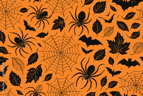 A pattern of spiders crawling over cobwebs, interspersed with autumn leaves and bats on an orange background. The spiders are detailed and vary in