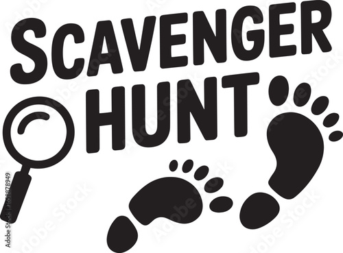 Scavenger Hunt Vector Illustration with Footprints, Magnifying Glass, and Bold Text Design