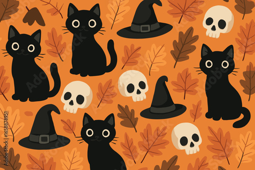 Charming black cats with wide eyes sit among an array of maple and oak leaves, witch hats, and skulls. The cats' curious expressions add a playful