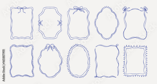 Hand drawn ribbon frames set. Elegant whimsical borders with wavy lines and bows in trendy vintage styles. Modern vector design template for wedding invitation, card, print, poster