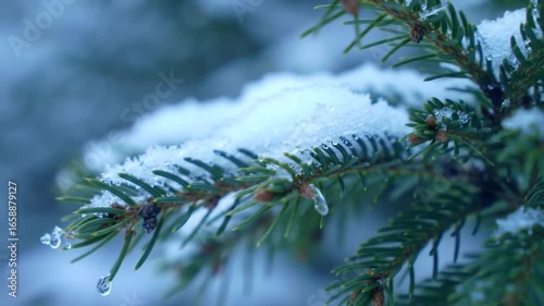 Winter's Touch Evergreen Branch Adorned With Snow And Water Droplets