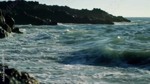 Wild Ocean Waves Crashing On Rocky Shoreline Landscape Scenery