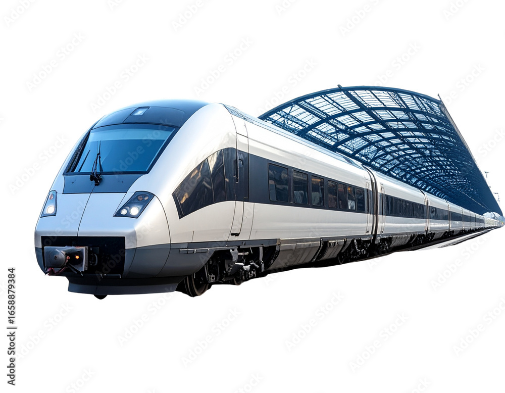 Fototapeta premium Angled Perspective of Train on Tracks Isolated on Transparent Background