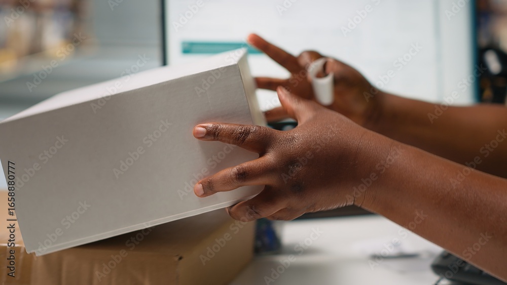 Fototapeta premium Black woman packing goods and applying shipping labels on boxes, creating awb tracking numbers on tags for easy distribution. Worker using adhesive airway bill stickers. Camera B.
